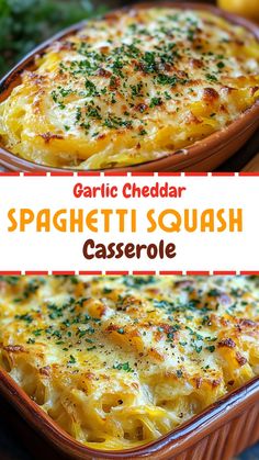 Pasta Recipes: Garlic Cheddar Spaghetti Squash Casserole Spaghetti Squash With Cream Cheese, Sheet Pan Spaghetti Squash, Cheddar Spaghetti, Spaghetti Squash Alfredo, Garlic Cheddar, Hamburger Stew, Spaghetti Squash Casserole, Breakfast Appetizers, Squash Casserole