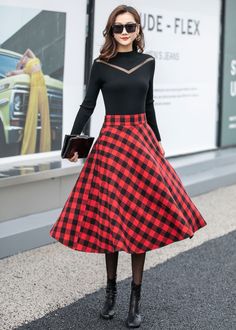 "This plaid wool skirt is a classic piece of tailoring that will see you through rain or shine. It is cut with a flattering flared skirt to give you a wonderful shape. The winter skirt is perfect classic styling. This is a versatile skirt that you'll wear again and again. DETAIL * 30% wool, 30% fiber, 40% polyester * Fully satiny liner * Two side pockets * Right zip closure * Back elastic waist * Elastic band at the back to provide some stretch * Plus size full skirt * Midi wool skirt * Plaid wo Long Plaid Skirt Outfit, Red Plaid Outfit, Midi Wool Skirt, Red Skirt Outfits, Plaid Tights, Realistic Outfits, Long Plaid Skirt, Plaid Skirt Outfit, Pretty Clothing