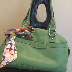 Authentic Pre-Owned Coach Leather Handbag With Scarf In Excellent Condition. Color: Candy Apple Green Size: 12” In Length/7.5” Top To Bottom Green Coach Satchel With Handles, Green Coach Shoulder Bag With Top Carry Handle, Green Coach Shoulder Bag For Shopping, Coach Green Shoulder Bag For On-the-go, Green Coach Bags With Silver-tone Hardware, Candy Apple Green, Color Candy, Top To Bottom, Coach Leather