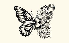 a black and white drawing of a butterfly with flowers on it's back wing