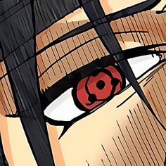 an anime character with red eyes and black hair