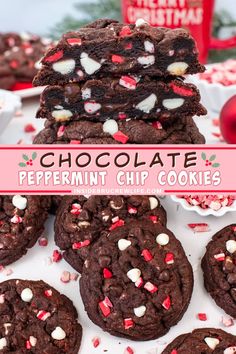 chocolate peppermint chip cookies stacked on top of each other with the title overlay