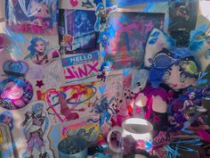 an assortment of dolls and stickers on display