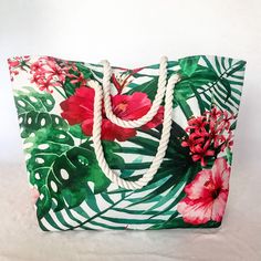 "Fully Lined Hibiscus Tropical Tote w/Snap Closure.  Rope handles have an 8\" drop.  Bag has a 7\" gusset on the bottom.  Measures 21' x 14\" x 2\".  With this bag a trip to Hawaii is for sure in your near future." Cute Hand Bags, Trip To Hawaii, Near Future, Shopper Tote, Rope Handles, Hawaii Travel, Hand Bag, Canvas Tote, Hibiscus