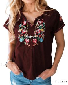 Lasaky - Classic Embroidered Short Sleeve T-Shirt with Timeless Appeal Casual V-neck Embroidered Top With Multicolor Embroidery, Spring Embroidered V-neck T-shirt, Casual Embroidered Crew Neck Top, Casual V-neck Top With Multicolor Embroidery, Embroidered V-neck T-shirt For Summer, Multicolor Floral Embroidered V-neck Top, Summer Floral Embroidered V-neck T-shirt, Casual V-neck T-shirt With Floral Embroidery, Cotton V-neck T-shirt With Floral Embroidery