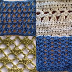 four crocheted squares are shown in different colors