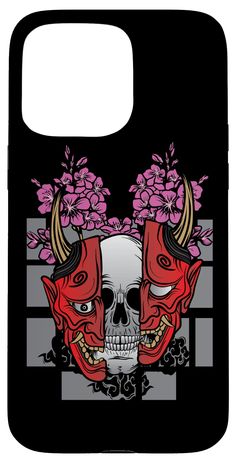 a black phone case with two skulls and flowers on it's face, one skull has