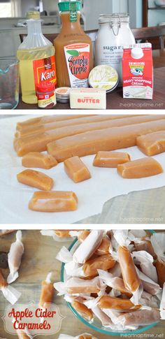 several pieces of caramel colored candy sitting on top of wax paper next to each other