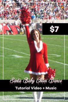 a woman in a red cheerleader outfit holding a pom - pom while standing on a football field