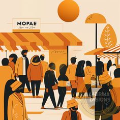 an image of people walking around in the street with orange umbrellas over their heads