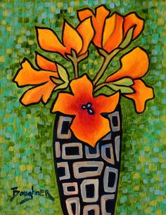 a painting of orange flowers in a black vase on a green mosaic tile wallpaper