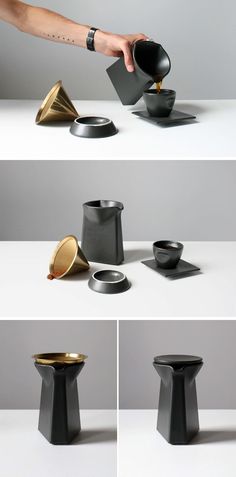 four different angles of the same object with one hand holding a coffee cup and two other cups