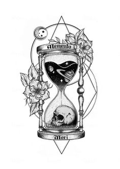 an hourglass with a skull inside and flowers around it, surrounded by the words