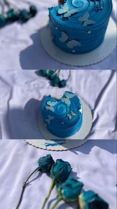 there are two blue cakes on the table