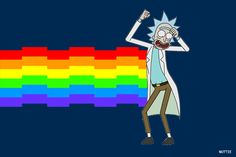 the simpsons character is standing in front of a rainbow colored wall with his arms up