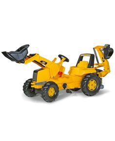 a yellow toy bulldozer on a white background