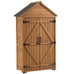 a wooden storage shed with two doors on the front and one door open to reveal a black roof