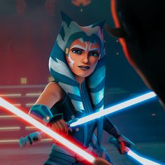 an animated star wars character holding two lights sabers in front of another character wearing a costume