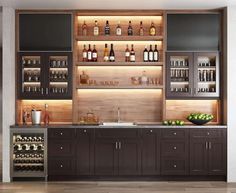 a modern home bar with lots of bottles