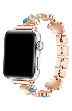 Lustrous stone insets make this floral watchband a dimensional addition to you Apple Watch. Apple Watch not included Fits 38/40/41mm Apple Watch Stainless steel/goldtone plate/stone Imported Tech Bracelet, Apple Watch Stainless Steel, June Flower, Tech Watches, Everyday Watch, Apple Watch Bracelets, Bracelet Apple Watch, Flower Bracelet, Stainless Steel Watch