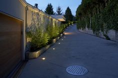 an outdoor walkway lit up at night with lights on the side and trees in the background