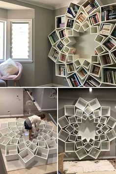 four different views of bookshelves in the process of being made into a bookcase