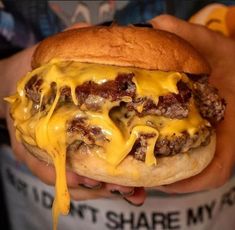 a person holding a cheeseburger with meat and melted cheese on it's bun