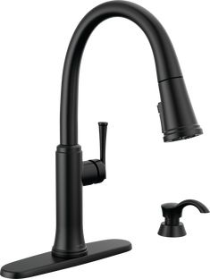 a black kitchen faucet with the pull out sprayer and soap dispenser