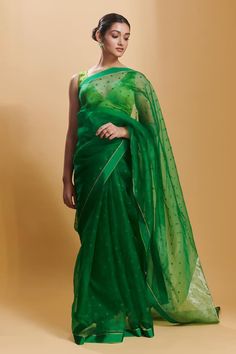 Green saree with thread, stripe woven motifs. - Aza Fashions Saree Women, Green Thread, Wildflower Meadow, Saree For Women, Jamdani Saree, Green Saree, Striped Fabrics, Silk Thread, Aza Fashion