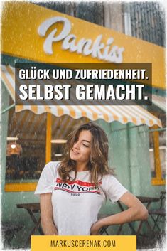 a woman standing in front of a restaurant with the words, quick und zuffenheit selbst gemacht