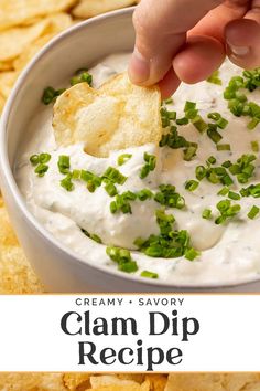 a hand dipping a chip into a bowl of cream dip