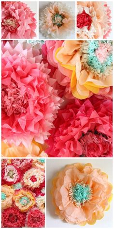 several different types of paper flowers are shown in this collage, including pinks and oranges