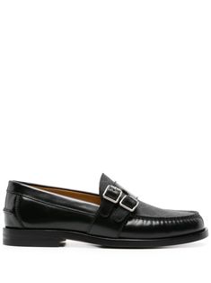 black leather panelled design GG Supreme canvas round toe double buckle fastening branded leather insole flat leather sole logo-engraved silver-tone hardware This piece comes complete with a protective dust bag. Modern Gucci Loafers In Calf Leather, Luxury Slip-on Loafers With Buckle Closure, Designer Calf Leather Loafers With Buckle Closure, Designer Loafers With Buckle Closure, Gucci Modern Black Loafers, Gucci Calf Leather Loafers With Rubber Sole, Gucci Loafers With Rubber Sole For Work, Gucci Leather Loafers For Work, Luxury Black Loafers With Buckle Closure