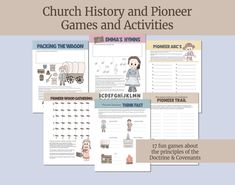 the church history and phonicer games and activities are shown in three different styles