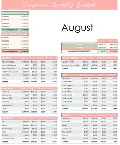 the financial statement sheet for august is shown in pink, green and white with an image of