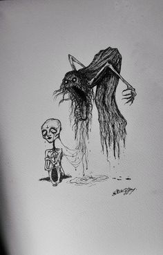 a drawing of a skeleton sitting next to a tree