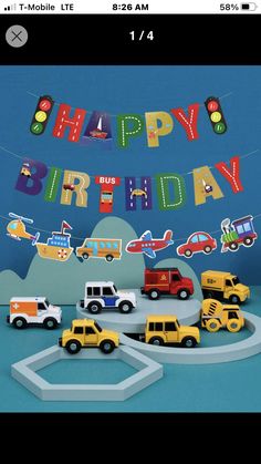 a birthday card with cars and trucks on it