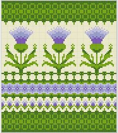 a cross stitch pattern with purple flowers and green leaves on it, in the middle of a