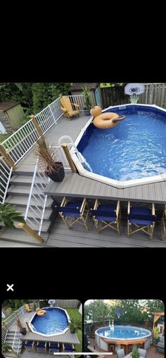 an above ground swimming pool surrounded by decking and lounge chairs, with steps leading up to it