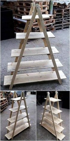 some wooden shelves that have been made out of pallet boards and are sitting on the ground