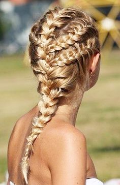 French braid your hair into 5 different sections for a fun and unique poolside look. // #Hair #Tips Beach Braids, Beautiful Braids, Sienna Miller, Gwyneth Paltrow, Charlize Theron, Heidi Klum, Hair Envy, Cara Delevingne, Love Hair