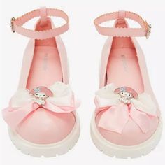 My Melody Edition Adorable Mary Jane Shoes They're Decorated With Pastel And White Satin And Lace Bows On The Toe, Along With An Enamel Charm Of My Melody. The Ankle Strap Is Scalloped With A Heart-Shaped Buckle. Listed In Women's Sizes. -Polyurethane Upper; Rubber Sole -Imported -Officially Licensed My Melody Shoes, Sanrio Shoes, Sanrio Clothes, Ballet Shoes Flat, Kitty Aesthetic, Shower Slippers, Sanrio Pink, Hello Kitty Shoes, Cosplay Inspo