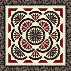 a red and black quilt with an intricate design on the center, surrounded by leaves