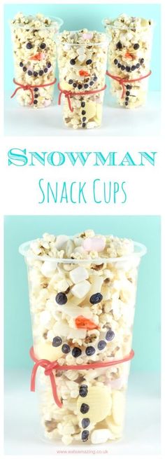 snowman snack cups made out of cereal and marshmallows