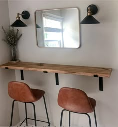 two stools sit in front of a mirror on the wall next to each other