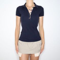 Burberry Navy Polo Shirt (Small) Vintage Burberry Aesthetic, Polo Shirt Outfit Women's Street Style, Polo Top Outfit, Preppy Academia Aesthetic, Polo Outfits For Women, Polo Shirt Outfit Women's, Burberry Top, Polo Shirt Outfits, Polo Outfit