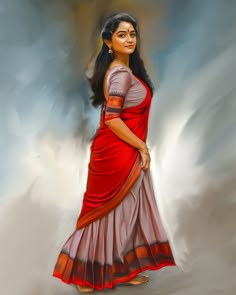 a painting of a woman in a red and grey sari with her hand on her hip