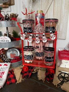 a red cart filled with lots of christmas items