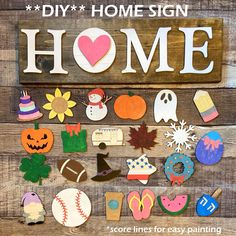 a wooden sign that says diy home sign with lots of different items on it