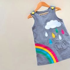 girls dress-winter rainbow & silver cloud £42.00 Cloud Applique, Fabric Cord, School Dress, Silver Cloud, Rainbow Cloud, Rainbow Dress, Wild Things, Baby Outfits, Little Dresses